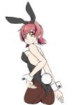  1girl animal_ears black_leotard brown_legwear bunny_ears bunny_tail bunnysuit detached_collar from_behind grin kantai_collection kinu_(kantai_collection) leotard looking_at_viewer looking_back orange_eyes pantyhose red_hair short_hair simple_background smile solo strapless strapless_leotard tail uzuki_kosuke white_background wrist_cuffs 