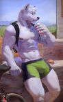  2019 abs anthro backpack beverage bicycle bottomwear bulge burger canid canine canis chunie claws clothed clothing detailed_background digital_media_(artwork) drinking food fur hair hi_res looking_aside male mammal muscular muscular_male navel nipples outside shorts soda solo topless white_fur white_hair wolf 