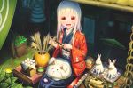  abo_(kawatasyunnnosukesabu) animal food japanese_clothes kimono long_hair open_mouth original rabbit red_eyes white_hair 