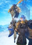  1boy armor blue_eyes blue_hair blue_sky castle chainmail chocobo earrings final_fantasy final_fantasy_xiv highres jewelry looking_back medium_hair mt_(ringofive) outdoors pointy_ears reins saddle saddlebags sky smile standing 