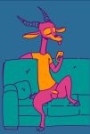  2019 antelope anthro balls blue_background bottomless bovid cellphone clothed clothing eyes_closed facial_markings flaccid fuel_(artist) fuel_(character) gazelle head_markings holding_cellphone holding_object horn male mammal markings penis phone restricted_palette simple_background sitting sofa solo tongue tongue_out 