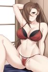  1girl absurdres arm_behind_head aslindsamure ass_visible_through_thighs bare_shoulders blush bra breasts brown_eyes brown_hair cleavage closed_mouth collarbone fire_emblem fire_emblem_fates hair_over_one_eye highres kagero_(fire_emblem) large_breasts long_hair looking_at_viewer navel panties ponytail red_bra red_panties sitting solo thighs underwear 