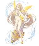  1girl aqua_eyes blonde_hair bracelet breasts collarbone eyebrows_visible_through_hair full_body hand_on_own_chest jewelry ji_no large_breasts long_hair looking_at_viewer navel official_art rapunzel_(sinoalice) sandals sinoalice smile solo swimsuit thighlet transparent_background very_long_hair wand water 
