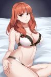  1girl absurdres aslindsamure bangs bare_shoulders blunt_bangs bra breasts celica_(fire_emblem) cleavage collarbone fire_emblem fire_emblem_echoes:_shadows_of_valentia highres lace lace-trimmed_bra large_breasts long_hair looking_at_viewer navel panties red_eyes red_hair sitting solo thighs underwear white_bra white_panties 