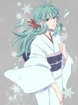  1girl aqua_hair closed_mouth commentary_request female ice inahachi japanese_clothes long_hair looking_at_viewer male_focus ponytail red_eyes solo tied_hair traditional_clothes yuki_onna yukina_(yu_yu_hakusho) yuu_yuu_hakusho 