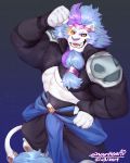  2019 5_fingers absurd_res anthro biceps blue_beard blue_hair claws commander_meouch digital_media_(artwork) ear_piercing felid fingers flexing fur hair hand_on_hip hi_res humanoid_hands lion looking_at_viewer male mammal muscular open_mouth pantherine pecs piercing poleyn shoulder_guards simple_background smile snartles solo teeth twrp white_fur yellow_eyes yellow_sclera 
