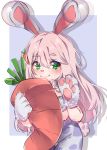  &lt;3 2019 anthro aridonall biped blue_fur blush breasts bubble carrot clothed clothing digital_media_(artwork) female food fur gloves green_eyes hair handwear hi_res hug lagomorph leporid looking_at_viewer mammal multicolored_fur paws pillow pink_nose plant rabbit simple_background small_breasts smile solo teeth tongue topwear usawa_fuwakaru vegetable white_background white_fur 