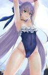  1girl arms_up bare_shoulders blue_eyes cameltoe choker day eyebrows_visible_through_hair fate/grand_order fate_(series) highleg highleg_swimsuit highres long_hair looking_at_viewer meltryllis meltryllis_(swimsuit_lancer)_(fate) nonoririn outdoors purple_hair smile solo standing strapless strapless_swimsuit swimsuit very_long_hair wet 
