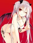  1girl bikini demon_girl demon_wings front-tie_bikini front-tie_top grin highres index_finger_raised long_hair looking_at_viewer one_eye_closed original pointy_ears red_background saeki_touma side-tie_bikini simple_background smile solo swimsuit twintails white_hair wings 