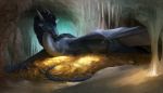  blue_eyes cave claws coin dragon feral fur gold_(metal) gold_coin hi_res hoard horn kuroi-kisin lying membrane_(anatomy) membranous_wings on_front shield solo spikes stalactite wings 