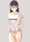  1girl black-framed_eyewear black_hair blue_eyes breasts closed_mouth clothes_writing collarbone commentary_request glasses grey_background groin highres hiwatari_rin lifted_by_self long_hair no_pants original panties panty_lift shirt short_sleeves simple_background small_breasts solo underwear white_panties white_shirt 