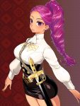  1girl braid breasts dark_skin facial_mark fire_emblem fire_emblem:_three_houses long_hair looking_at_viewer medium_breasts natto_soup petra_mcnairy purple_hair side_ponytail simple_background single_braid skirt smile solo uniform 