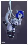  2018 absurd_res anthro arms_tied bdsm black_collar blue_hair bondage bound breasts clothing collar corset crotch_rope domestic_cat errin_(sharev) felid feline felis female green_eyes hair hands_behind_back hi_res legs_tied lingerie mammal moddish nipple_tape pasties pink_nose rope rope_bondage solo suspension tail_bondage tape 