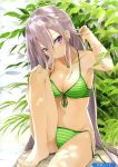  1girl absurdres arm_up armpits bangs bare_arms bare_legs bare_shoulders barefoot bikini breasts cleavage earrings front-tie_bikini front-tie_top green_bikini hair_between_eyes highres jewelry knee_up large_breasts long_hair looking_at_viewer melonbooks navel purple_eyes scan shade side-tie_bikini sidelocks silver_hair sitting solo stomach striped striped_bikini stud_earrings swimsuit takehana_note thighs untied untied_bikini very_long_hair 