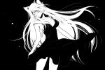  1girl animal_ears bakemonogatari black_background black_hanekawa breasts cat_ears cat_girl closed_eyes commentary_request cowboy_shot dress greyscale hanekawa_tsubasa large_breasts long_hair monochrome monogatari_(series) sabonasu simple_background solo very_long_hair 