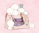  ._. 6+others afro ambiguous_gender animal bag blush_stickers closed_mouth commentary_request handbag highres in_bag in_container manino_(mofuritaionaka) mouse multiple_others no_humans original paw_print pink_background signature smile u_u 