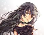  1girl bangs black_choker black_hair choker closed_mouth light_smile long_hair looking_at_viewer looking_back miho_(mi) portrait simple_background solo tales_of_(series) tales_of_berseria velvet_crowe yellow_eyes 