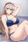 1girl absurdres arm_behind_head arm_support aslindsamure bangs bare_shoulders blue_bra blue_panties blush bra breasts cleavage closed_mouth collarbone corrin_(fire_emblem) corrin_(fire_emblem)_(female) fire_emblem fire_emblem_fates hair_between_eyes hair_ornament hairband highres large_breasts long_hair looking_at_viewer panties pointy_ears red_eyes silver_hair sitting smile solo thighs underwear 