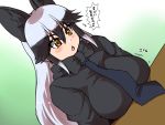  4:3 animal_humanoid big_breasts big_ears black_hair blush bow_tie breast_rest breasts canid canid_humanoid canine canine_humanoid clothed clothing female fox_humanoid grey_hair hair human_and_animal_ears humanoid inner_ear_fluff isna japanese_text kemono_friends long_hair mammal mammal_humanoid multi_ear multicolored_hair necktie open_mouth shirt silver_fox_(kemono_friends) silver_hair solo text topwear translation_request white_skin yellow_eyes 