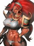  1girl abs bare_shoulders breasts cameltoe covered_nipples curvy dark_skin earrings fumio_(rsqkr) highres jewelry large_breasts light_smile lipstick long_hair looking_at_viewer makeup midriff muscle navel necklace pointy_ears purple_eyes red_hair simple_background solo the_legend_of_zelda the_legend_of_zelda:_breath_of_the_wild thick_thighs thighs urbosa white_background 
