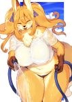  1girl absurdres animal_ears blush breasts closed_eyes cowboy_shot floating_hair fox_ears fox_girl fox_tail fur furry highres holding hose kishibe large_breasts long_hair open_mouth orange_hair original shirt sky solo spraying tail wet wet_clothes wet_shirt white_shirt 