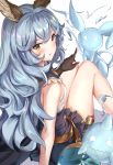  1girl animal_ears bare_legs belt blue_cape blue_dress blue_hair blush breasts brown_gloves cape commentary_request curly_hair dress erune ferry_(granblue_fantasy) from_behind ghost gloves granblue_fantasy highres isaya_(pixiv4541633) knees_up long_hair looking_at_viewer looking_back open_mouth sideboob sitting solo very_long_hair yellow_eyes 