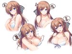  1girl anger_vein blue_eyes blush bow breasts brown_hair cleavage hair_bow hands_up large_breasts long_hair massan multiple_views open_mouth sample simple_background striped striped_bow upper_body wardrobe_malfunction white_background 