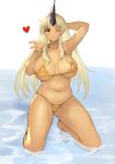  1girl absurdres armpits bangs bare_arms bare_legs bare_shoulders bikini blonde_hair blown_kiss breasts breasts_apart collarbone commission covered_nipples dark_skin hand_behind_head heart highres horn huge_breasts large_breasts long_hair looking_at_viewer monster_musume_no_iru_nichijou navel ogre one_eye_closed open_hand open_mouth partially_submerged pointy_ears red_eyes simple_background solo sookmo swimsuit tall_female thighs thong thong_bikini tionishia water white_background 