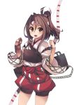  1girl blush bow_(weapon) brown_eyes brown_gloves brown_hair clenched_hands flat_chest gloves hachimaki hair_between_eyes hair_ribbon headband high_ponytail highres japanese_clothes kantai_collection long_hair muneate open_mouth partly_fingerless_gloves puffy_shorts red_shorts ribbon shorts single_glove smile solo standing weapon white_background wide_sleeves xration zuihou_(kantai_collection) 