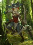  androgynous animal_ears blue_eyes blue_headwear bow_(weapon) brown_gloves bunny_ears choker elbow_gloves forest full_body gloves grass highres holding holding_bow_(weapon) holding_weapon nature original outdoors ponytail quiver red_hair weapon zavir 