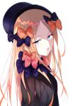  1girl abigail_williams_(fate/grand_order) absurdres bangs black_bow black_headwear blonde_hair blue_eyes bow fate/grand_order fate_(series) from_side hair_bow hat highres long_hair looking_at_viewer multiple_hair_bows nao_(okt8538) open_mouth orange_bow parted_bangs polka_dot polka_dot_bow shiny shiny_hair simple_background solo upper_body white_background 