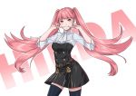  1girl absurdres aequorine belt blue_legwear character_name fire_emblem fire_emblem:_three_houses grin highres hilda_valentine_goneril long_hair pink_hair short_sleeves simple_background smile solo thighhighs twintails twitter_username uniform white_background zettai_ryouiki 