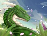  ambiguous_gender bastika curved_horn day detailed_background digital_media_(artwork) dragon feral grass green_eyes green_scales greeny_(odisaodi) hi_res horn membrane_(anatomy) membranous_wings outside scales sky smile smooth_horn solo wings 