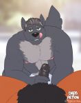  anthro belly big_nipples canid canine canis chest_tuft duo grey_hair grin hair hi_res humanoid_penis licking licking_lips male male/male mammal mature_male mustelid musteline nipples penis penis_grab rine seductive slightly_chubby smile stomach_tuft tongue tongue_out tuft wolf wolverine 