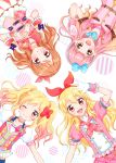  4girls :o ;) aikatsu! aikatsu!_(series) aikatsu_friends! aikatsu_stars! bangs bare_shoulders blonde_hair blue_bow blunt_bangs blush bow bow_choker braid brown_eyes brown_hair circle commentary_request cover cover_page crown_braid detached_sleeves doujin_cover eyebrows_visible_through_hair gloves gradient_hair hair_bow hair_ribbon hairband hoshimiya_ichigo idol interlocked_fingers jacket jewelry long_hair looking_at_viewer multicolored_hair multiple_girls neckerchief necklace nijino_yume one_eye_closed one_side_up oozora_akari open_mouth orange_hair pearl_necklace pink_bow pink_eyes pink_hair puffy_short_sleeves puffy_sleeves red_bow red_eyes ribbon short_sleeves skirt smile star tiramisu651 twintails waving wrist_cuffs yuuki_aine 