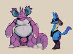  ambiguous_gender anthro blue_fur butt canid canine claws daftpatriot duo fur hi_res looking_back lucario mammal nidoking nintendo penis pok&eacute;mon pok&eacute;mon_(species) red_eyes reptile scalie simple_background size_difference smile standing video_games 
