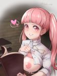  1girl absurdres blade_ride book breasts breasts_outside fire_emblem fire_emblem:_three_houses grin heart highres hilda_valentine_goneril holding holding_book long_hair nipples open_book pink_eyes pink_hair short_sleeves smile solo spoken_heart twintails twitter_username uniform 