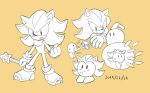  2015 anthro blush buke3jp clothing crossed_arms duo eulipotyphlan fist footwear gloves handwear hedgehog holding_gun holding_object holding_weapon kirby kirby_(series) male mammal nintendo shadow_the_hedgehog shoes simple_background sketch_page sonic_(series) super_smash_bros. video_games waddling_head weapon yellow_background 