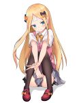  1girl abigail_williams_(fate/grand_order) bandaid bandaid_on_face bangs black_bow black_legwear blonde_hair blue_eyes blush bow closed_mouth collared_shirt dress_shirt fate/grand_order fate_(series) full_body grey_skirt hair_bow highres leg_hug loafers long_hair looking_at_viewer miniskirt multiple_hair_bows orange_bow parted_bangs pleated_skirt polka_dot polka_dot_bow red_footwear school_uniform shiny shiny_hair shirt shoe_bow shoes short_sleeves simple_background skirt smile solo straight_hair thighhighs very_long_hair white_background white_shirt wing_collar yellow_cardigan yellow_neckwear yoshi8357 zettai_ryouiki 