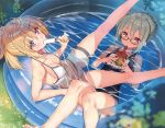  2girls ahoge artoria_pendragon_(all) barefoot bikini black-framed_eyewear black_school_swimsuit blonde_hair blue_eyes blue_ribbon braid braided_bun breasts brown_eyes character_name cleavage collarbone covered_nipples day drinking_straw fate/grand_order fate_(series) food from_above glasses highres holding holding_food ice_cream kagome_(traumatize) long_hair looking_at_viewer medium_breasts multiple_girls mysterious_heroine_x mysterious_heroine_x_(alter) outdoors ponytail ribbon school_swimsuit shiny shiny_hair shiny_skin side-tie_bikini sideboob sidelocks silver_hair swimsuit thigh_strap white_bikini 