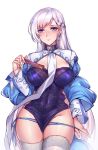  1girl alternate_costume azur_lane belfast_(azur_lane) belfast_(iridescent_rose)_(azur_lane) between_thighs blue_eyes blue_panties blush braid breasts china_dress chinese_clothes cleavage_cutout collar dress earrings eyebrows_visible_through_hair fan french_braid groin holding holding_fan jewelry large_breasts long_hair long_sleeves looking_at_viewer panties panty_pull pelvic_curtain shawl side-tie_panties silver_hair smile solo souno_hana thighhighs underwear white_legwear 
