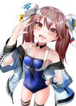  1girl bangs blue_swimsuit blush brown_eyes brown_hair choker cosplay eyebrows_visible_through_hair eyelashes fang flat_chest hair_ribbon highres jacket jewelry johnston_(kantai_collection) johnston_(kantai_collection)_(cosplay) kantai_collection kirigakure_(kirigakure_tantei_jimusho) long_hair off_shoulder one-piece_swimsuit open_mouth ribbon ryuujou_(kantai_collection) see-through see-through_sleeves simple_background skin_fang solo star swimsuit twintails white_background 
