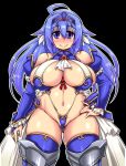  1girl ahoge armor ass_visible_through_thighs bangs bare_shoulders bikini_armor black_background blue_eyes blue_hair blush breasts collarbone copyright_request dot_nose eyebrows_visible_through_hair eyes_visible_through_hair fat_mons hair_between_eyes hand_on_hip highres large_breasts long_hair looking_at_viewer nanashi_mushi navel outline plump shiny shiny_skin sidelocks skindentation solo standing tareme thick_thighs thighhighs thighs tiara white_outline 