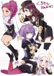  ahoge ararecoa bernadetta_von_varley blonde_hair blue_eyes blush braid breasts brown_hair cape choker cleavage cravat dark_skin dorothea_arnault earrings edelgard_von_hresvelg facial_mark fire_emblem fire_emblem:_three_houses gloves green_eyes grey_eyes hair_ornament hair_ribbon hat highres hood jewelry long_hair long_sleeves looking_at_viewer medium_breasts multiple_girls open_mouth pantyhose petra_mcnairy purple_hair red_cape red_legwear ribbon short_hair side_ponytail simple_background single_braid skirt smile uniform wavy_mouth white_background 