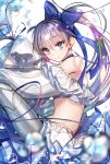  1girl bare_shoulders blue_eyes blue_ribbon bubble choker earrings eyebrows_visible_through_hair fate/grand_order fate_(series) frills hair_ribbon jewelry keylime long_hair meltryllis meltryllis_(swimsuit_lancer)_(fate) midriff prosthesis prosthetic_leg purple_hair ribbon sleeves_past_wrists smile very_long_hair 