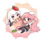  2girls belt blue_legwear chibi closed_mouth fire_emblem fire_emblem:_three_houses food food_on_face friedbirdchips fruit hilda_valentine_goneril long_hair long_sleeves lysithea_von_ordelia multiple_girls open_mouth pink_eyes pink_hair strawberry thighhighs twintails uniform white_hair 