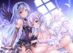  2girls :o angel_wings aoba_chise aoba_project aoba_rena arm_support arm_warmers ass bare_shoulders black_panties black_ribbon blue_hair breasts covered_navel dress feathered_wings feathers hair_ribbon highres large_breasts lavender_hair long_hair looking_at_viewer multiple_girls panties parted_lips purple_dress purple_eyes red_eyes ribbon sakura_moyon sitting sleeveless sleeveless_dress small_breasts smile twintails underwear very_long_hair white_dress white_ribbon wings 
