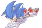  &lt;3 3:2 anthro bdsm blue_fur bodily_fluids bondage bound clothing eulipotyphlan footwear fur gloves green_eyes handwear hedgehog hogtied male mammal rope shoes sign simple_background solo sonic_(series) sonic_the_hedgehog sweat text translation_request white_background なし 