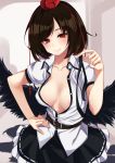  1girl areola_slip areolae bangs belt black_belt black_hair black_ribbon black_skirt black_wings blush breasts collarbone cowboy_shot feathered_wings hand_on_hip hand_up hat highres holding indoors looking_at_viewer medium_breasts miniskirt paburisiyasu partially_unbuttoned petticoat puffy_short_sleeves puffy_sleeves red_eyes ribbon ribbon-trimmed_skirt ribbon_trim shameimaru_aya shirt short_hair short_sleeves skirt smile solo tassel tokin_hat touhou white_shirt wing_collar wings 