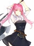  1girl arms_up axe belt closed_mouth fire_emblem fire_emblem:_three_houses highres hilda_valentine_goneril holding holding_axe long_hair ma_wk_chi pink_eyes pink_hair short_sleeves simple_background solo twintails uniform upper_body white_background 